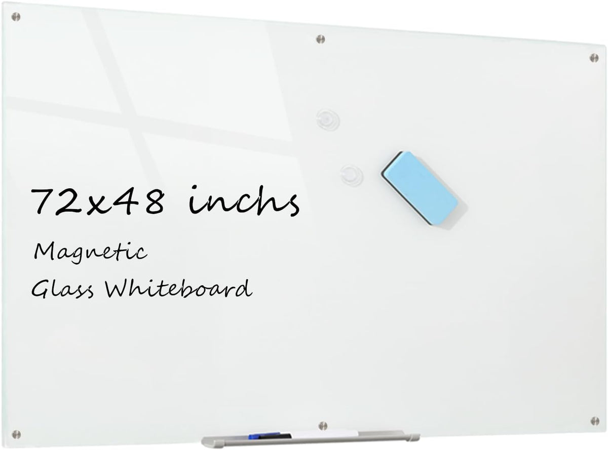 Glass Whiteboard Magnetic Dry Erase Board 6' x 4', Large Frameless Glass White Boards for Wall Office School Home.