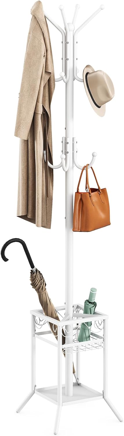 ELYKEN Coat Rack Freestanding with Umbrella Holder, Coat Tree with 12 Hooks, Coat Hanger Stand for Entryway, Metal Coat Rack Hat Rack Stand for Living Room Bedroom Office, White