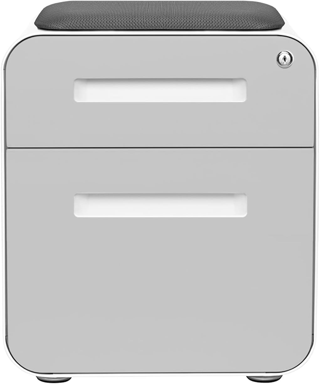 Laura Davidson Furniture STOCKPILE Mini Seated 2 Drawer Mobile File Cabinet with Removable Magnetic Cushion Seat - Short Version, Metal Filing Cabinet, Pre-Assembled, Light Grey Face with Grey Cushion