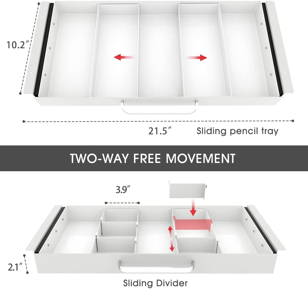 Large Size Under Desk Slide out Pencil Drawer White with Adjustable Space Divider Design for Storing Pencil and Office Accessories, Underdesk Pull out Tray Organizer Mounted for Sit Stand Workstation