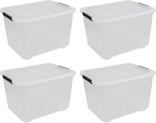 70 Quart Clear Plastic Large Storage Box with Wheels, 4-Pack Plastic Storage Bins with Lids