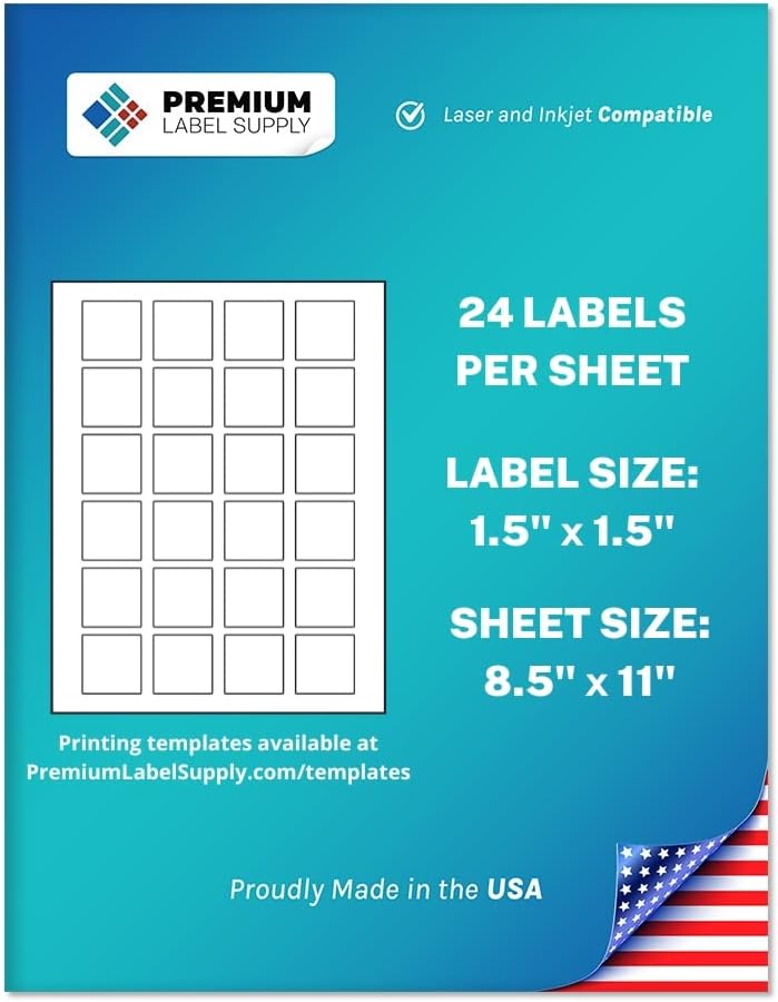 Premium Label Supply White Sticker Square Labels – 1.5" x 1.5" – Laser/Inkjet Compatible – (24 per Sheet), 500 Sheets – 12,000 Total Adhesive Labels