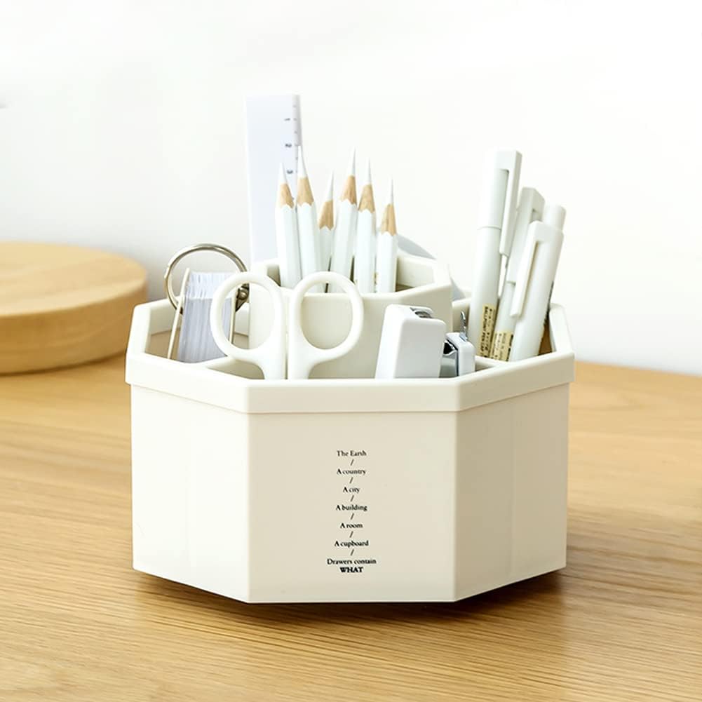 Desk Organizer, 360-Degree Rotating Multi-Functional Pen Holder, 5 Compartments Desktop Stationary Organizer, Home Office Art Supply Storage Box Caddy (White)