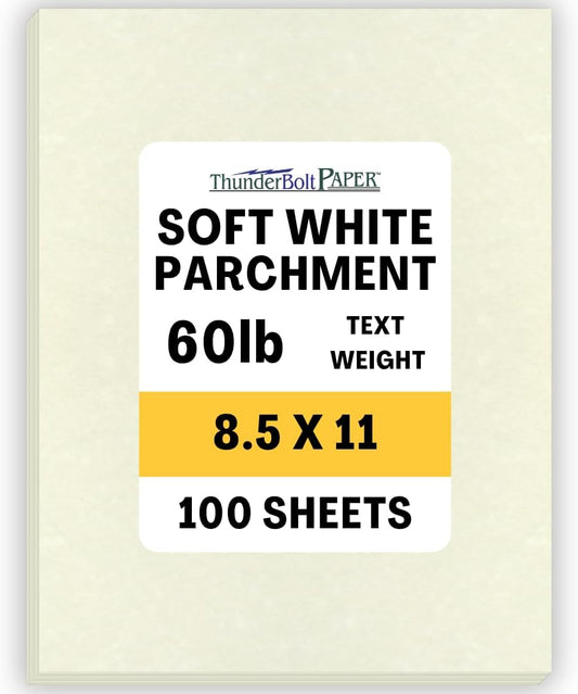 100 Soft White Parchment 60# Text (=24# Bond) Paper Sheets - 8.5 X 11 Inches Standard Letter|Flyer Size Size - 60 Pound is Not Card Weight - Vintage Colored Old Parchment Semblance