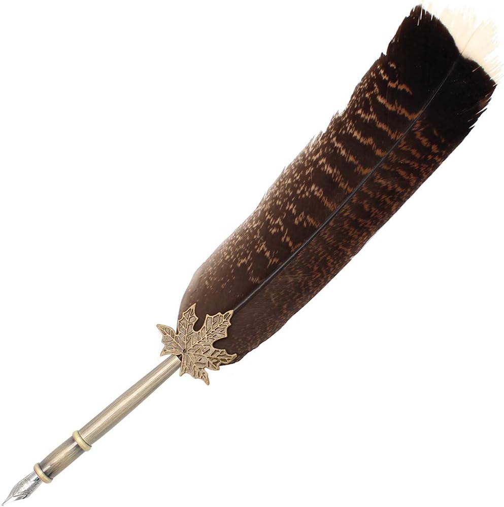 Gullor Quill Handcraft Feather Dip Pen Stem Metal Nib Pen Writing Quill with 5 Extra Nibs, Style F