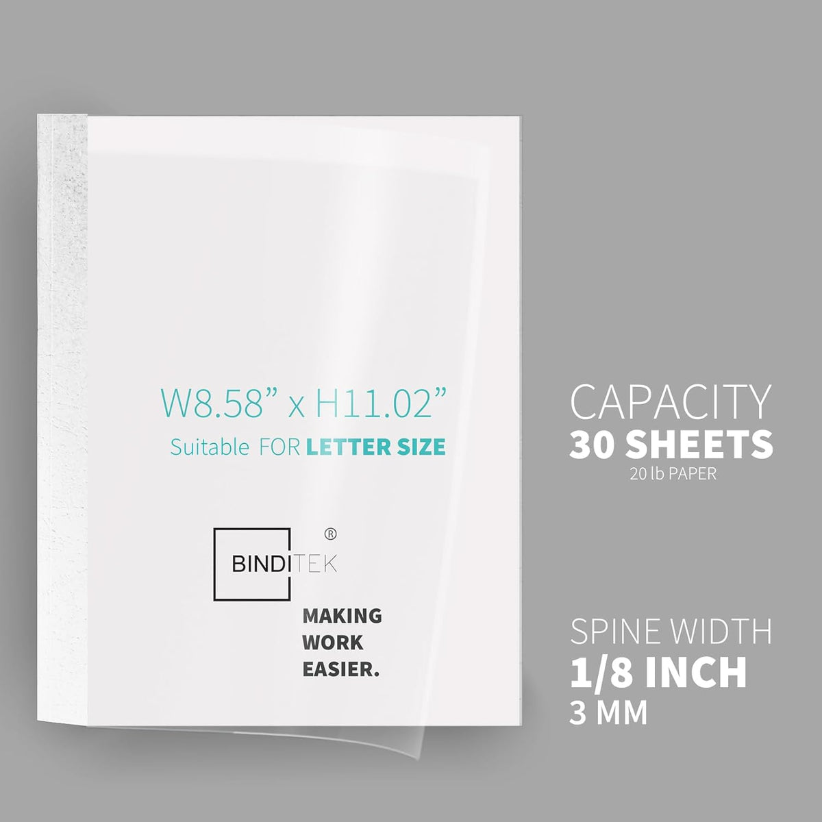 Binditek 10 Pack Thermal Binding Presentation Covers, 1/8 Inch Spine, Holds 30 Sheets, Ultra Clear Front Cover, White Paper Back Cover, Letter Size, for Students and Coworkers