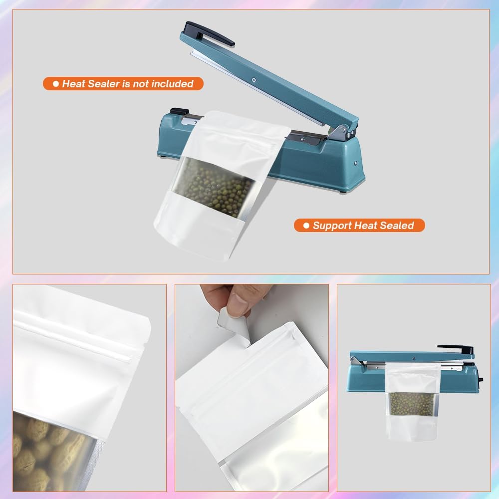 4CP 100 Pcs White Zipper Smell Proof Bags with Window, 5.5x7.9 Inch Stand Up Foil Pouches for Food Selfsealing Storage, Reusable Bag for Packaging Small Business, Cookies, Nunt, Candy