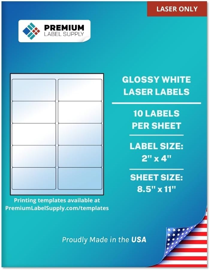Premium Label Supply Glossy White Sticker Labels – 2" x 4" – (10 per Sheet) (Glossy White for Laser Only, 1,000 Labels)