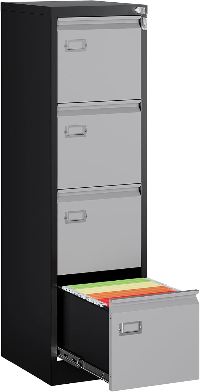MIIIKO 4 Drawer File Cabinet, Metal Vertical Filing Cabinets with Lock, Home Office File Folders Storage Cabinet for Letter Legal A4 File Size