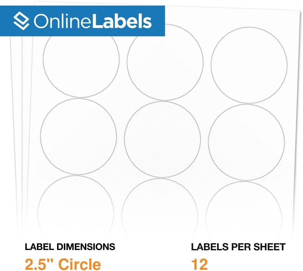 2.5" Round Labels - Permanent Adhesive, White Matte - Great for Candle & Jar Lids, Products, Favor Labels - Pack of 5,000 Circle Stickers, 60,000 Sheets - Inkjet/Laser Printers, OL350WX, OnlineLabels