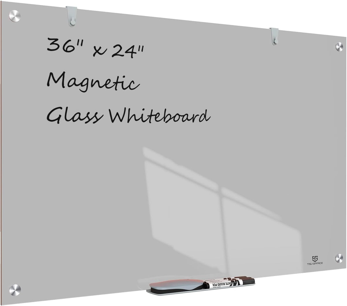 TSJ OFFICE Glass Dry-Erase Board - 36 x 24 Inches Wall Mounted Magnetic Whiteboard, Large Frameless Glass White Board for Office, Home & School, Gray