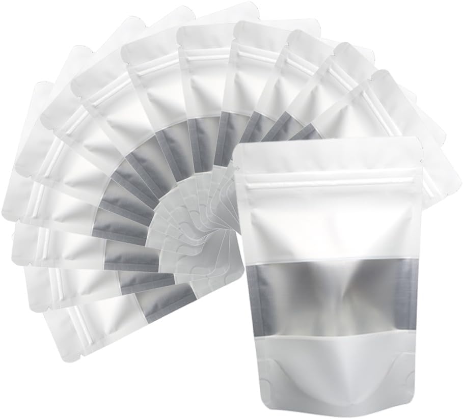 White Smell Proof Packaging Bags,Mylar Clear Bags for Food Storage,Sealable Bag for Packaging,Stand Up Pouches with Window,ReSealable Bag for Small Business,Cookies,Candy