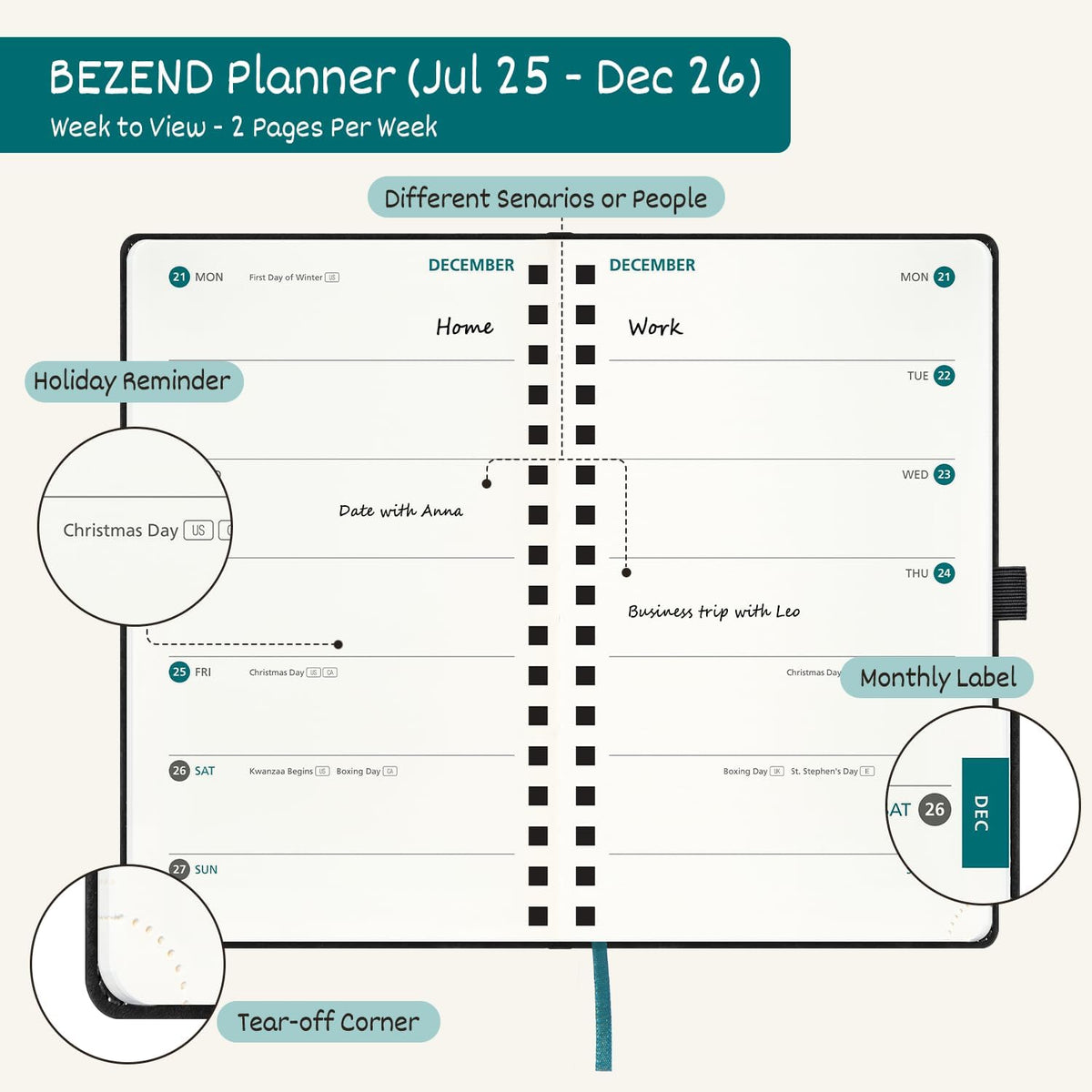 BEZEND Pocket Planner 2025-2026 Weekly with 2 Columns, 18-Month Academic Calendar (Jul 25-Dec 26), Life Work App., Storage Pocket, Pen Holder, PU Leather Softcover 3.5" x 6" Spiral - Lilac