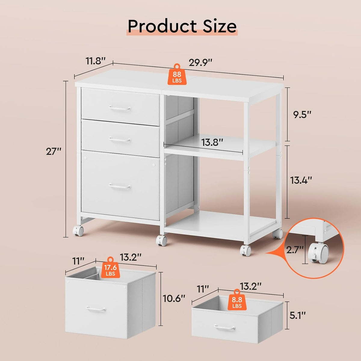 3 Drawer File Cabinet with Wheels Rolling Printer Stand with Open Storage Shelf Fabric Lateral Filing Cabinet for Home Office,White