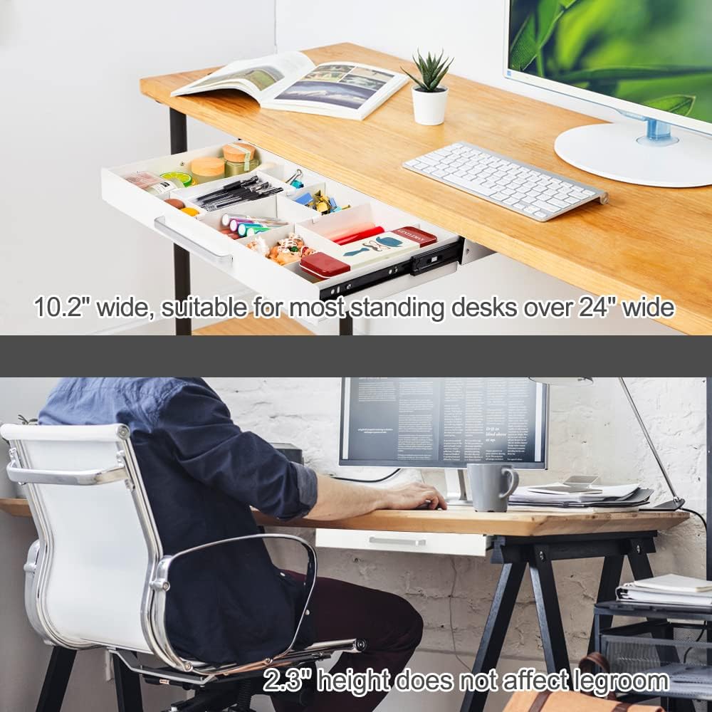 Large Size Under Desk Slide out Pencil Drawer White with Adjustable Space Divider Design for Storing Pencil and Office Accessories, Underdesk Pull out Tray Organizer Mounted for Sit Stand Workstation