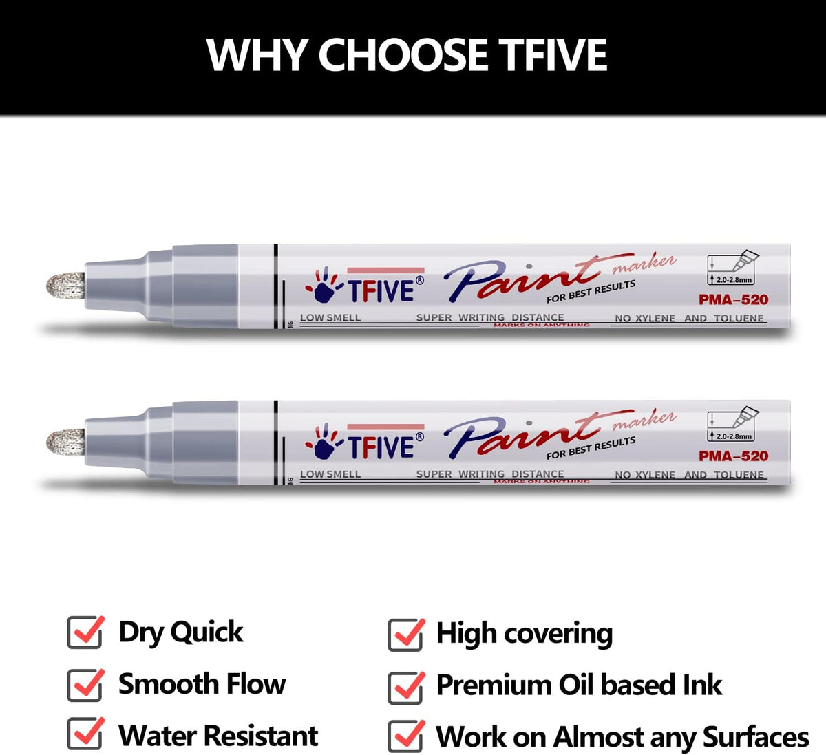 TFIVE Silver Permanent Paint Marker Pens - 2 Count Oil Based Marker Pen, Medium Tip, Waterproof & Quick Dry, for Office, Art, Rock Painting, Ceramic, Glass, Wood, Plastic, Metal, Canvas