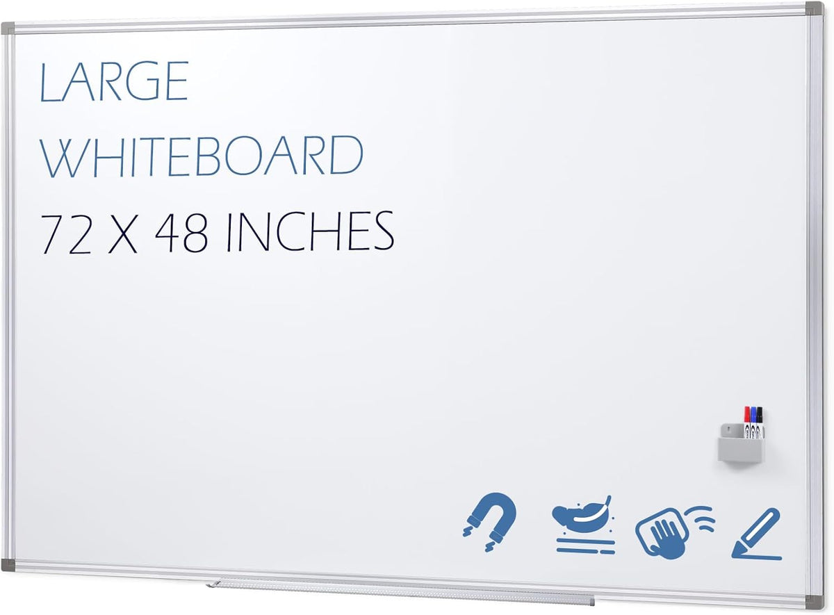 SWANCROWN 72" x 48" Dry Erase Board, Magnetic White Board for Wall, Large Marker Whiteboard with a Long Pen Tray for Class and Office