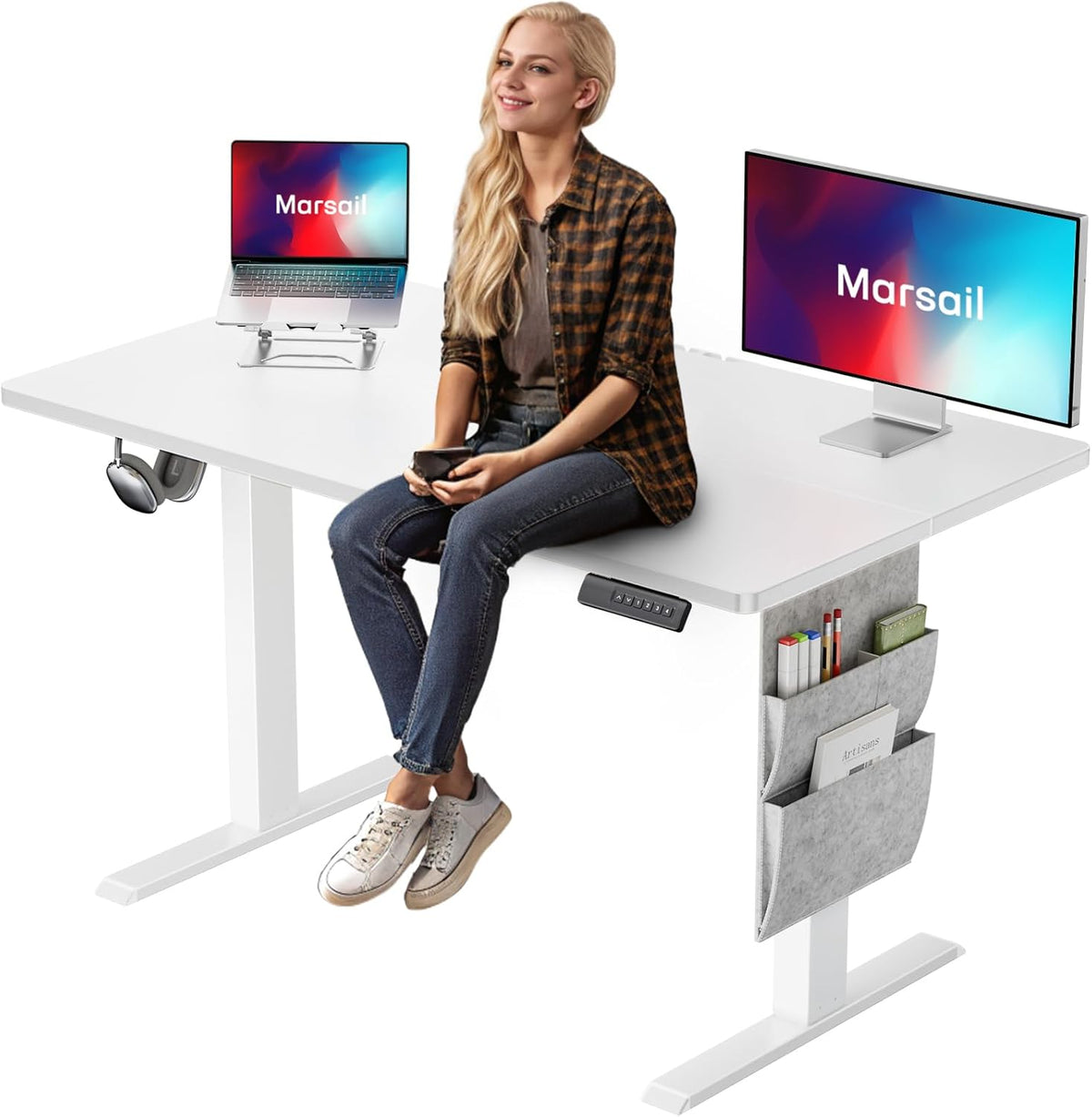 Marsail Standing Desk Adjustable Height Home Office Desk,‎48x24 Electric Standing Desk, Stand up Desk with Storage Bag,Headphone Hook for Computer Workstations Desk Memory Preset