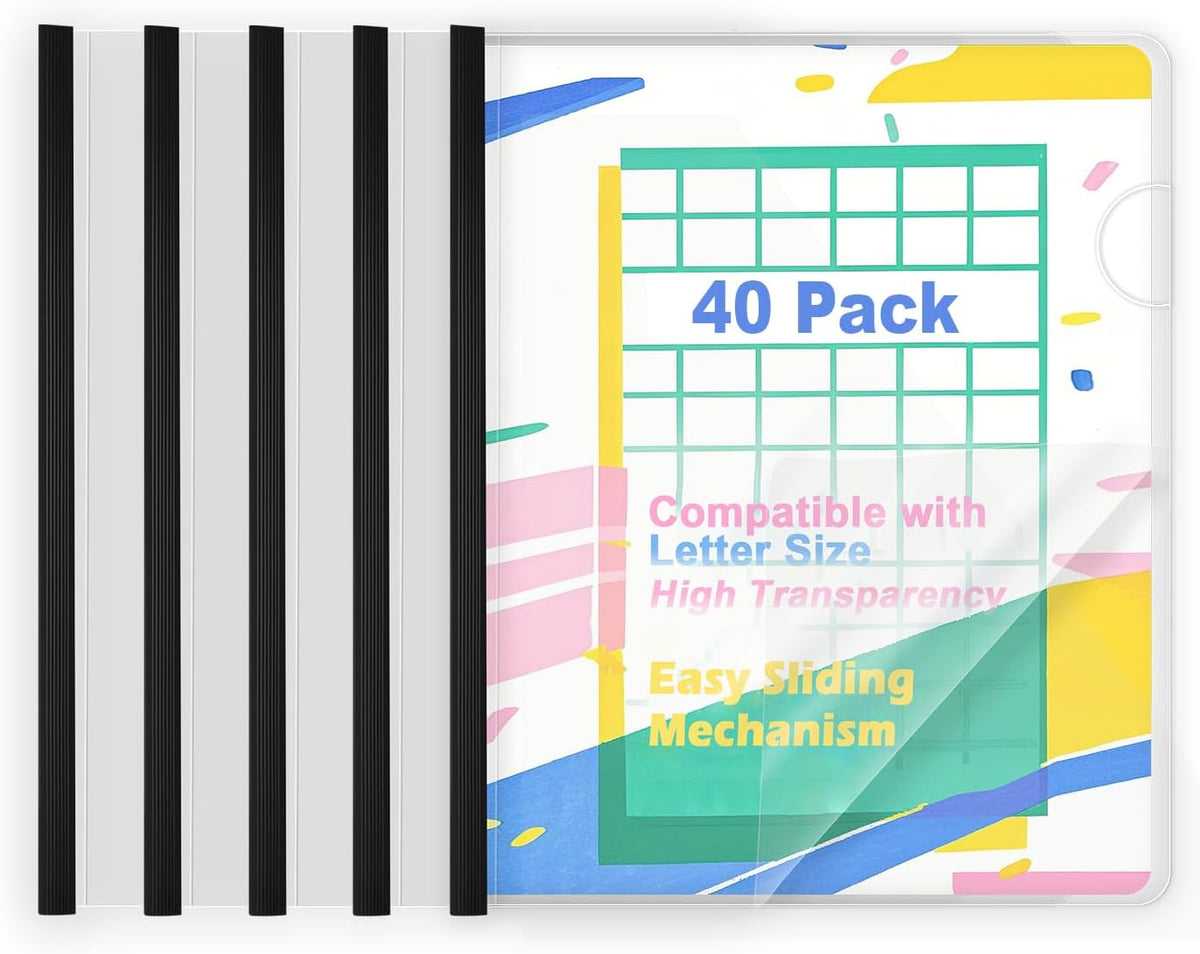 TOTiyea 40 Pack Clear Report Covers with Sliding Bars, 9mm (40 Sheet Capacity) Black Sliding Bar File Folders, for Letter Size