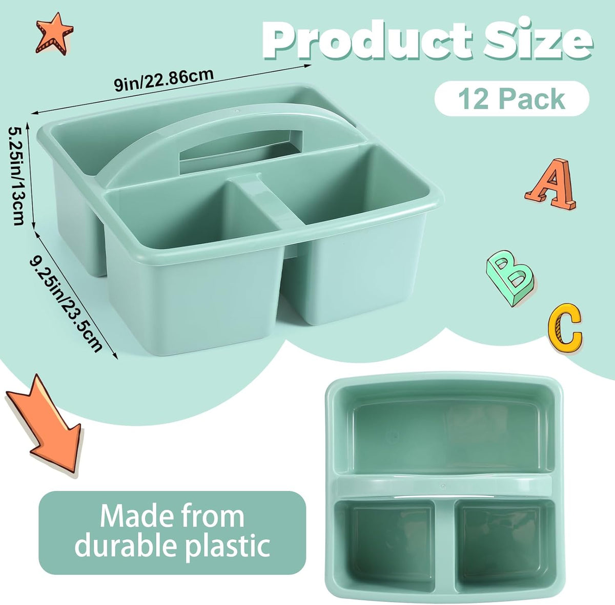 12 Pcs Classroom Caddy with 3 Compartment - Multipurpose Portable Plastic Storage Table Caddies with Handles for School Home Office Organizer(Green)