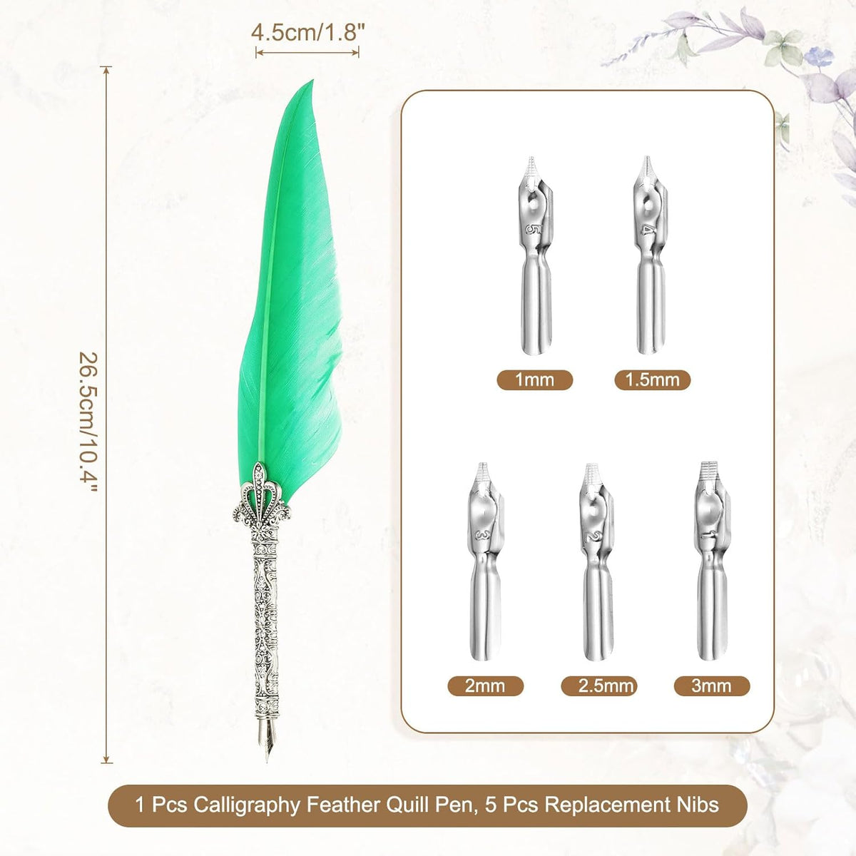 PATIKIL 26.5cm/10.4" Calligraphy Feather Quill Pen, Vintage Feather Dip Pen with 5 Replacement Nibs for Calligraphy Writing Wedding Office Gifts Green