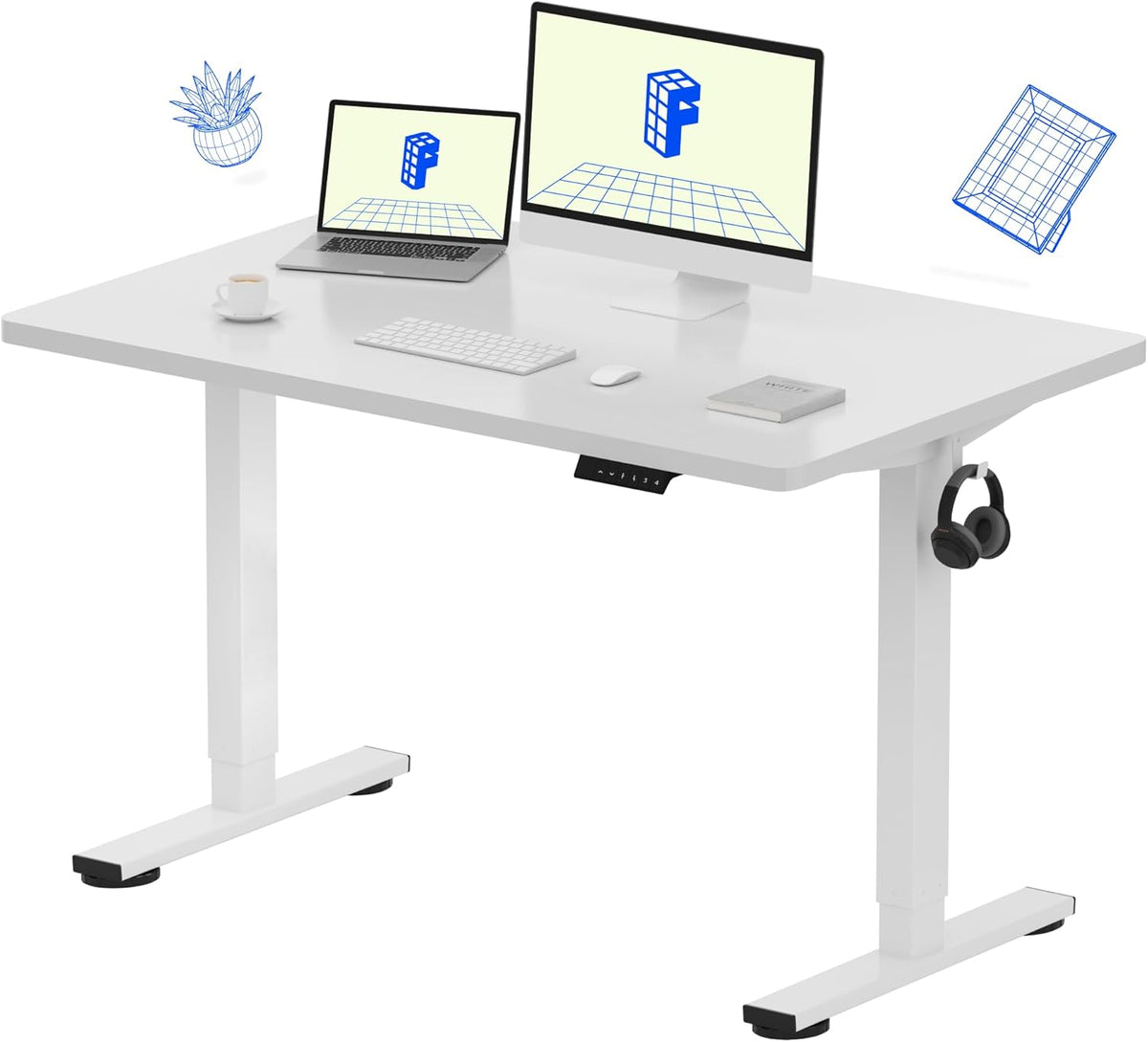 FLEXISPOT EN1 One-Piece Standing Desk 48 x 30 Inch Desktop Adjustable Height Electric Desk for Home Office and Computer Workstation (White Frame + White Top, 2 Packages)