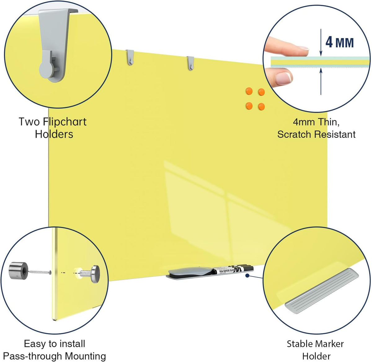 TSJ OFFICE Glass Dry-Erase Board - 36 x 24 Inches Wall Mounted Magnetic Whiteboard, Large Frameless Glass White Board for Office, Home & School, Yellow