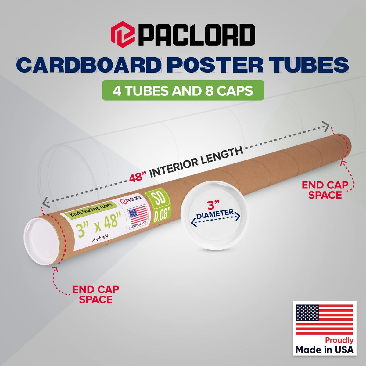 3" x 48" Reinforced Kraft Paper Mailing Tube, Pack of 4 Tubes with 8 Caps – Secure USPS Approved Poster Tube – Cardboard Tube for Shipping and Storing Posters, Prints, Artwork, or Documents