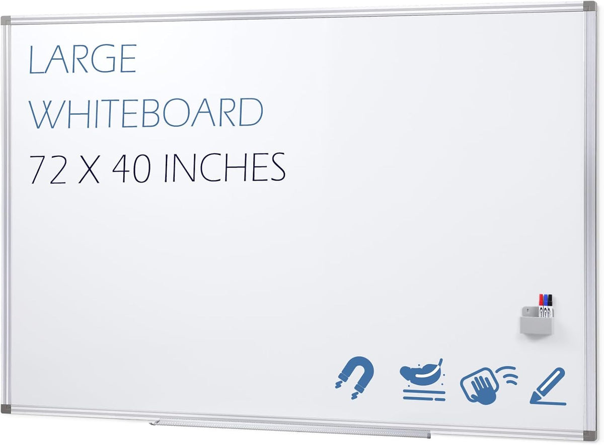 SWANCROWN Large Magnetic White Board, Dry Erase Board 72 x 40 Inches with Thick Aluminum Frame, Large Dry Erase Board for Wall Built-in Magnetic Pen Holder & Long Marker Tray for Conference Room