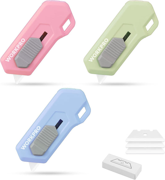 WORKPRO Ceramic Small Safety Box Cutter, Automatic Rebound Mini Letter Opener, Quick Change Retractable Blade Razor Knife, with Extra Blades