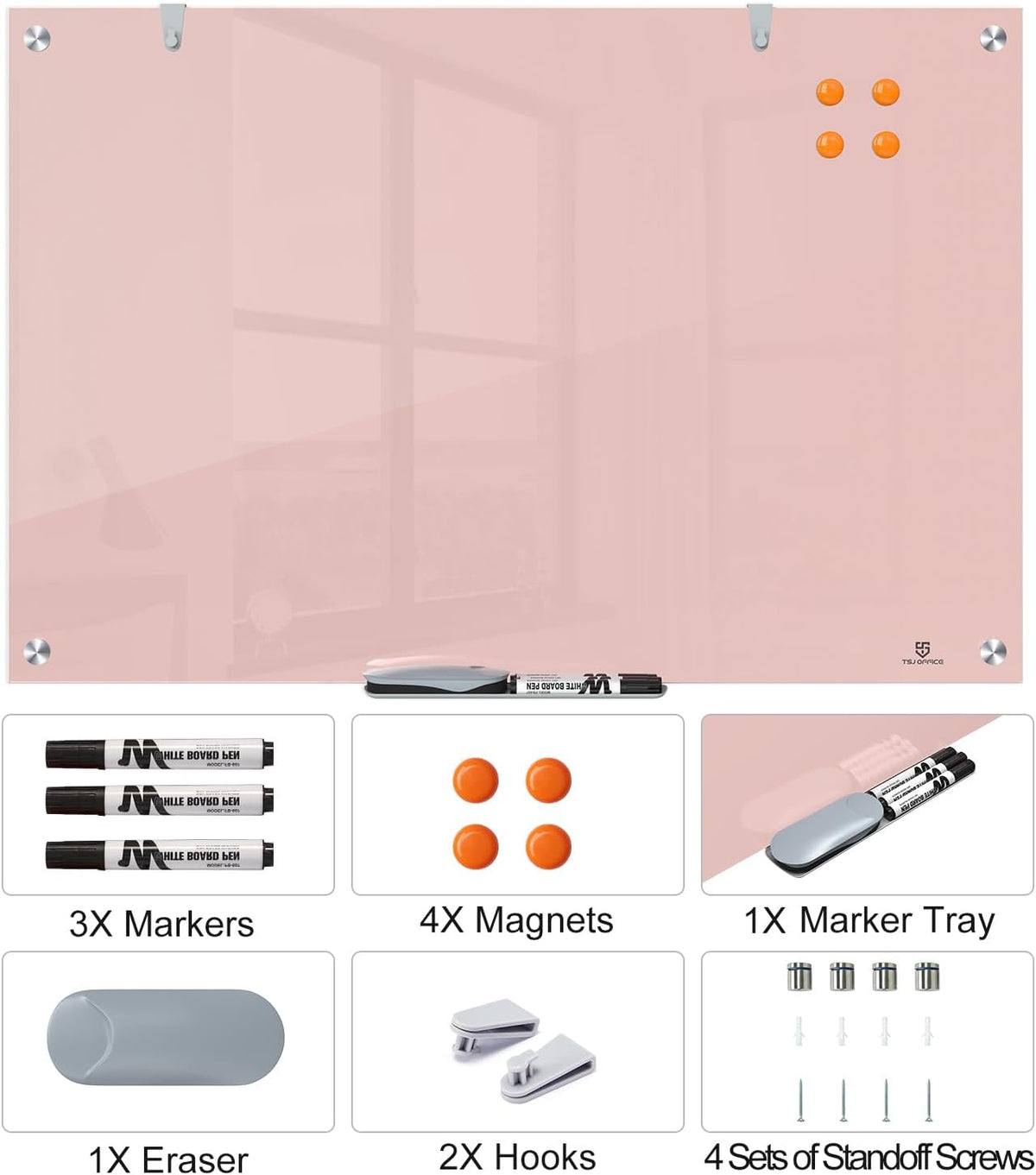 TSJ OFFICE Glass Dry-Erase Board - 36 x 24 Inches Wall Mounted Magnetic Whiteboard, Large Frameless Glass White Board for Office, Home & School, Pink