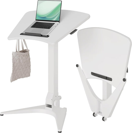 Claiks Mobile Standing Desk, Portable Rolling Workstation With Wheels, Pneumatic Height Adjustable Sit-Stand With 90 Tiltable, Foldable Non-Slip Computer Stand, White