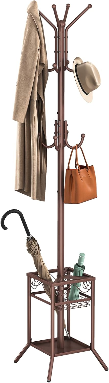 ELYKEN Coat Rack Freestanding, Metal Coat Rack Stand with Umbrella Holder, Modern Coat Tree with 12 Hooks, Floor Standing Corner Hall Tree for Entryway Living Room Bedroom Office, Brown