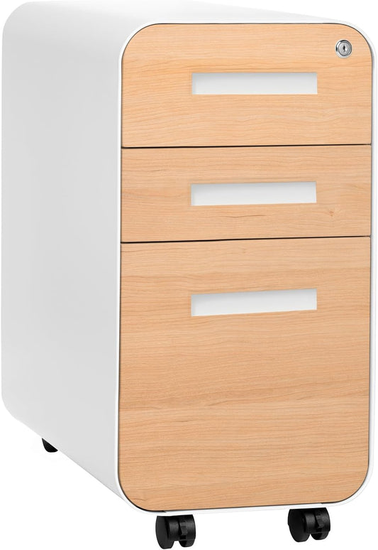 Laura Davidson Furniture Stockpile Slim 3-Drawer Mobile File Cabinet with Lock - Under Desk Metal Filing Cabinet, Legal/Letter File Folders, Wheels & Stationary Feet, Assembled, White/Wood Faceplate