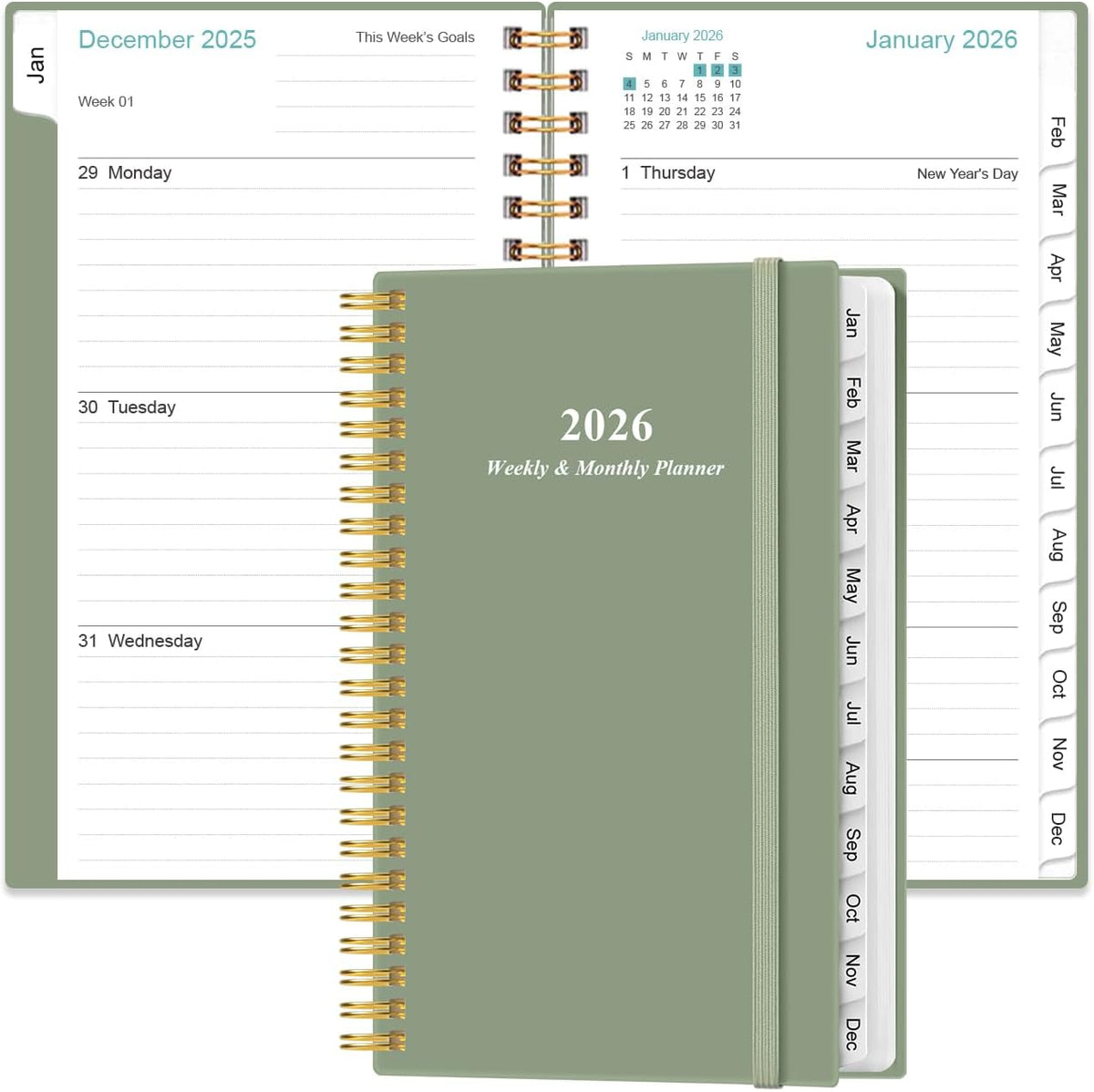 2026 Pocket Planner/Calendar - Planner from January 2026 - December 2026, Planner 2026 with 12 Tabs, Twin-Wire Binding, Inner Pocket, 3.75" x 6.75", Green