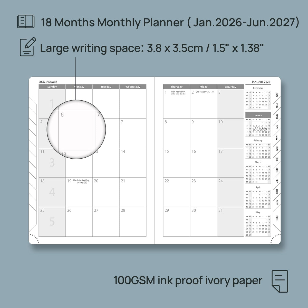 POPRUN Monthly Planner 2026-2027 (Medium- 6.5'' x 8.5'' Soft Cover), 18-Month Calendar Book (Jan.2026 - Jun. 2027), Calendar Planner with Monthly Tabs & Pocket, 100 GSM Paper - Burgundy