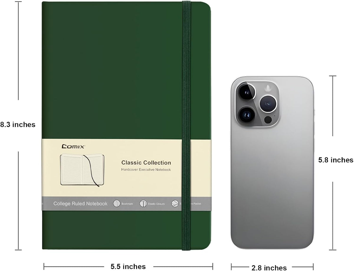 Comix 6 Pack Lined Journal Notebooks for Work, 240 Pages, 5.5"x8.3", Dark Green, Hardcover, A5 Medium College Ruled, Journaling Notebooks for Notes-taking, Fits for Office School Home