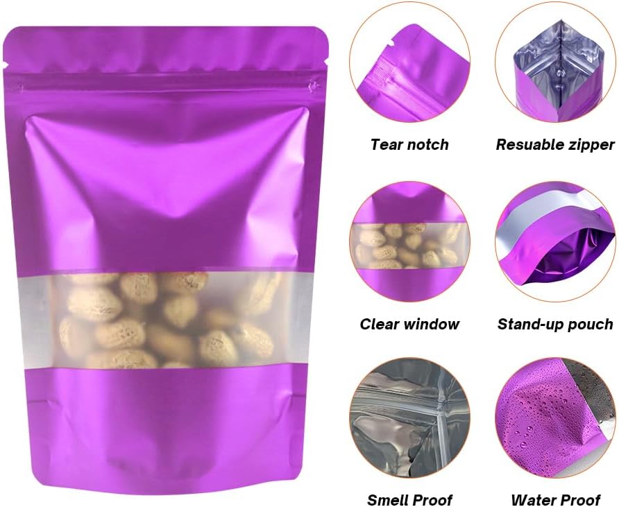 4CP 100 Pcs Purple Zipper Smell Proof Bags with Window, 7.0x10.5 Inch Stand Up Foil Pouches for Food Selfsealing Storage, Reusable Bag for Packaging Small Business, Cookies, Nunt, Candy