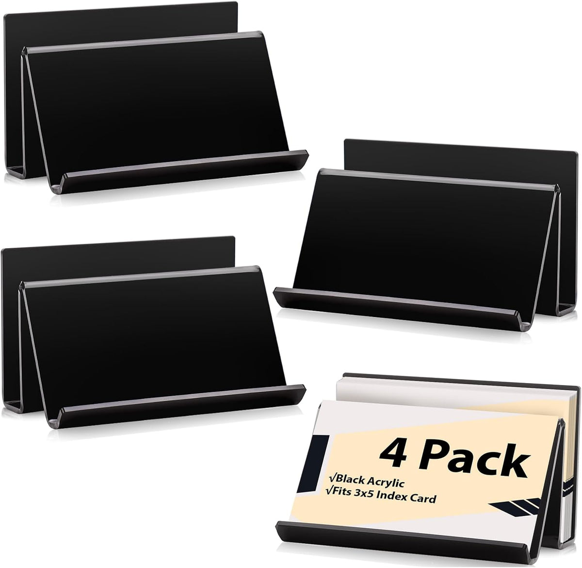 4 Pack 3x5 Index Card Display Holder Acrylic Cards Holder Stand Acrylic Business Card Holders Name Card Organizer Postcard Stand Display 200 Capacity for Studying Supplies No Card (Black, 4 Pack)