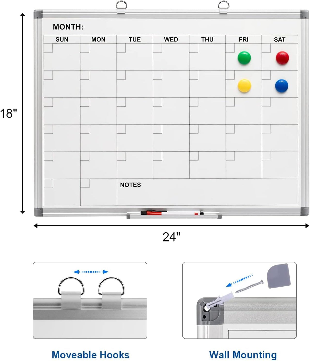 Comix Magnetic Dry Erase Calendar Whiteboard, 24 x 18 Inches Monthly Calendar Dry Erase Board for Wall, Aluminum Frame Planner White Board with Markers, Eraser, Magnets