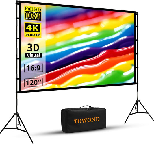 Projector Screen and Stand, Towond 120 inch Portable Projector Screen Indoor Outdoor Movie Screen 16:9 4K HD Wrinkle-Free Lightweight Projection Screen with Carry Bag for Backyard Movie Night