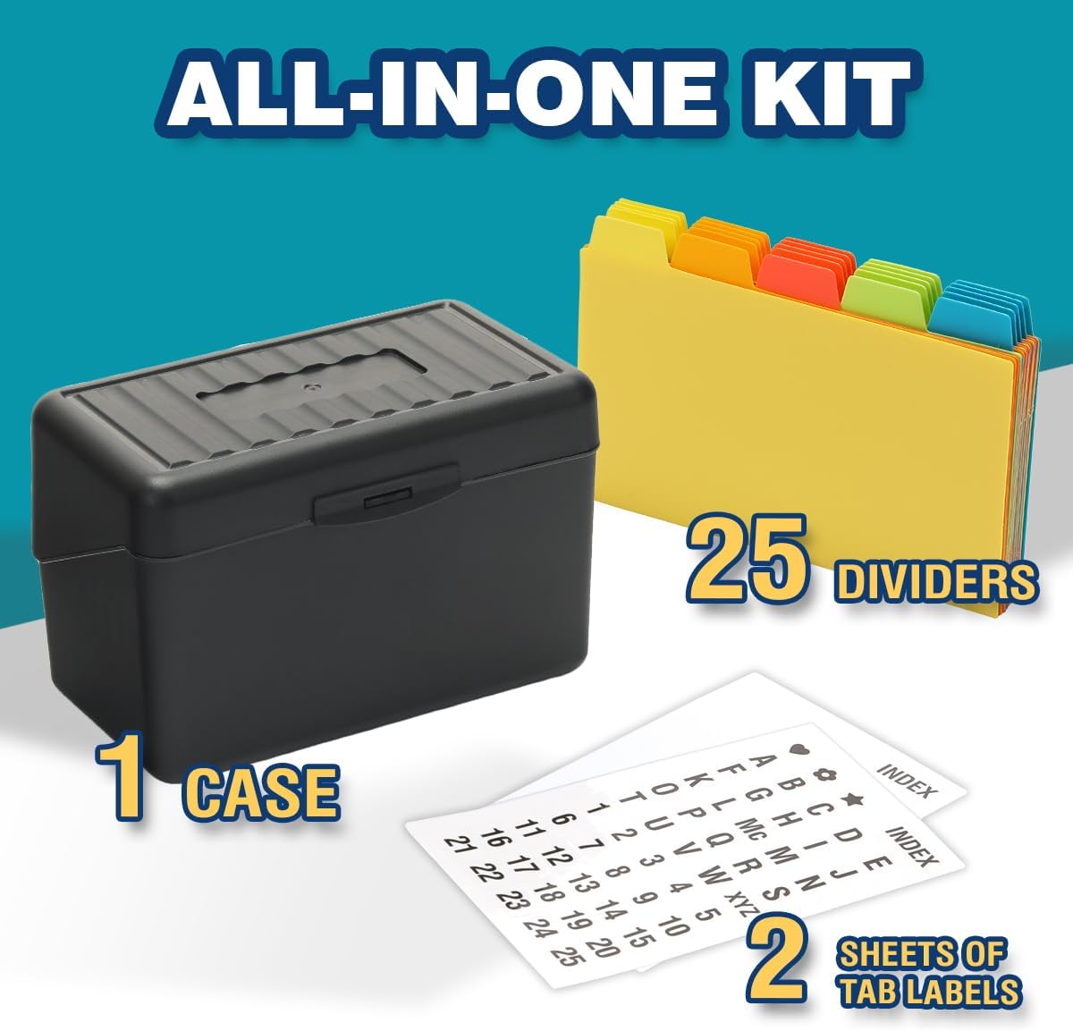 H4D Index Card Holder 3x5 Inches with 25 Plastic Dividers, Black