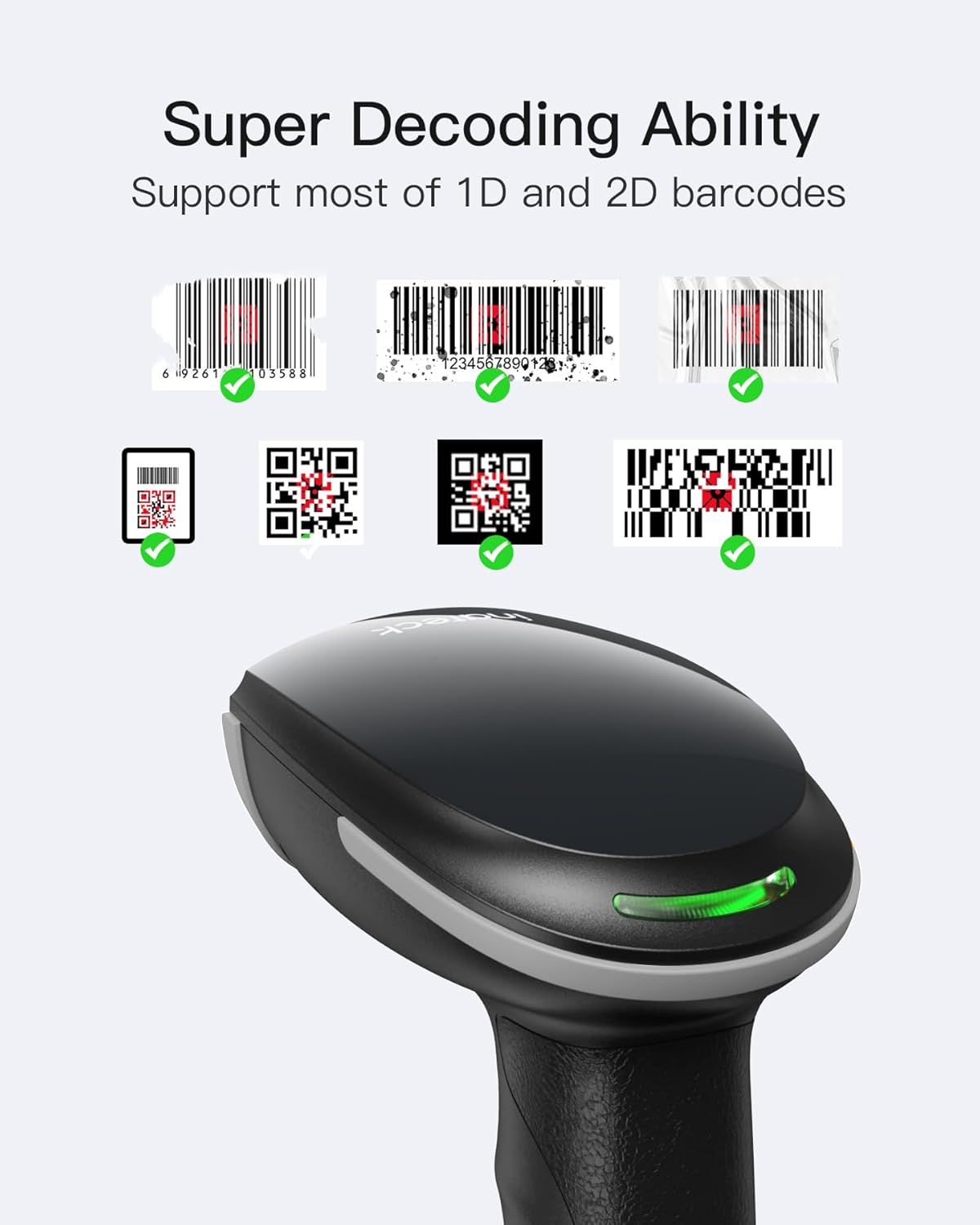 Inateck 2D Barcode Scanner, Wireless Bluetooth QR Barcode Scanner, Handheld Scanner with APP and SDK, 1 Charge for 3 Months, BCST-23 Gray