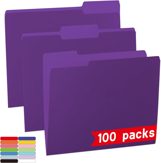 100 Packs Purple File Folder,1/3-Cut Tabs,File Folders Letter Size,8.5x11 File Folders for Office,School and Home,Organizer Documents