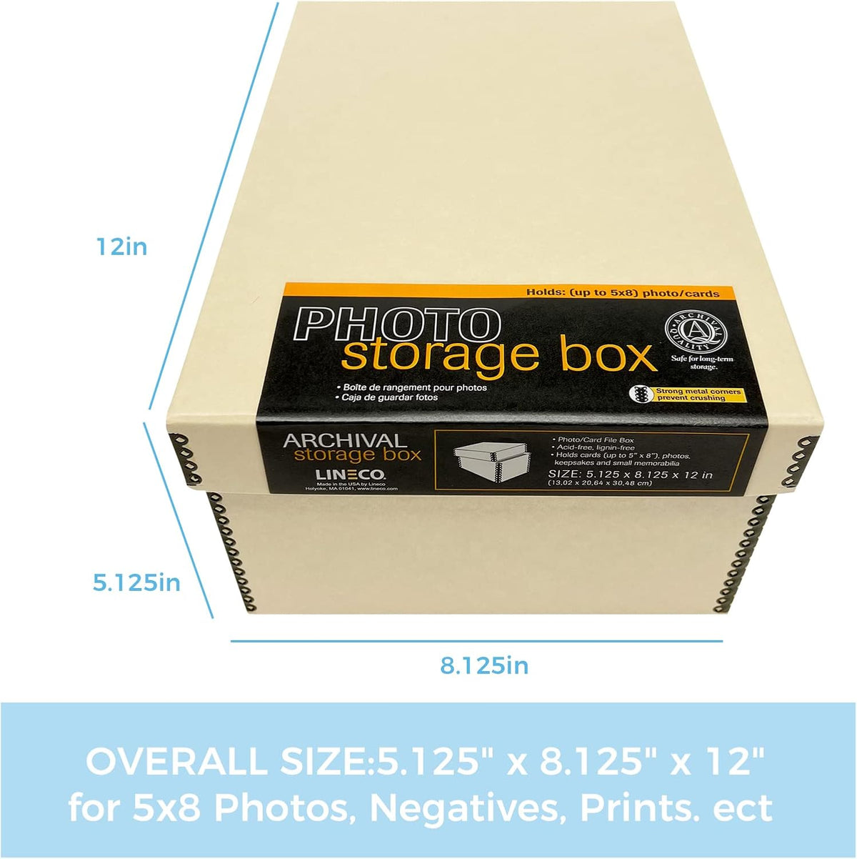 Lineco Photo Card Box, Museum-Quality Archival Storage, Acid-Free with Removable Lid, Bulk Storage for Negatives, Prints, Films, Photos, Snapshot, 5x8x12 Inches, Tan