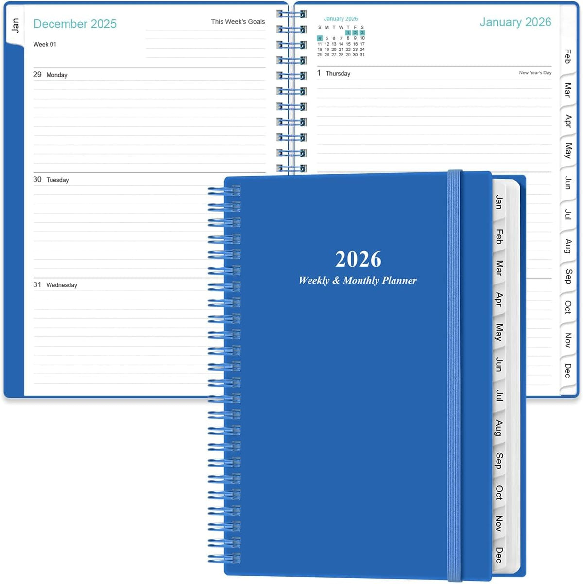 2026 Planner - Planner 2026 from January 2026 - December 2026, Weekly & Monthly Planner Spiral Bound with 12 Monthly Tabs, Inner Pocket, 6.4" x 8.5", Blue