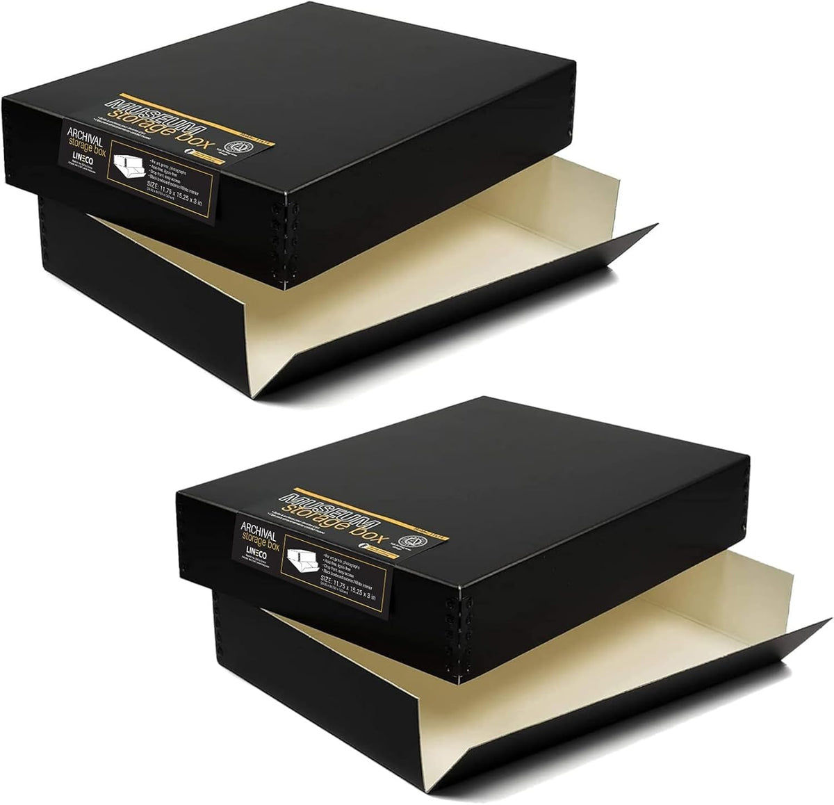 Lineco, 11x14 Museum Storage Box Black, Archival Quality Acid-Free Buffered Drop Front Design with Metal Edges Removable Lid, 11 3/4x15.25x3 In (2 Pack)