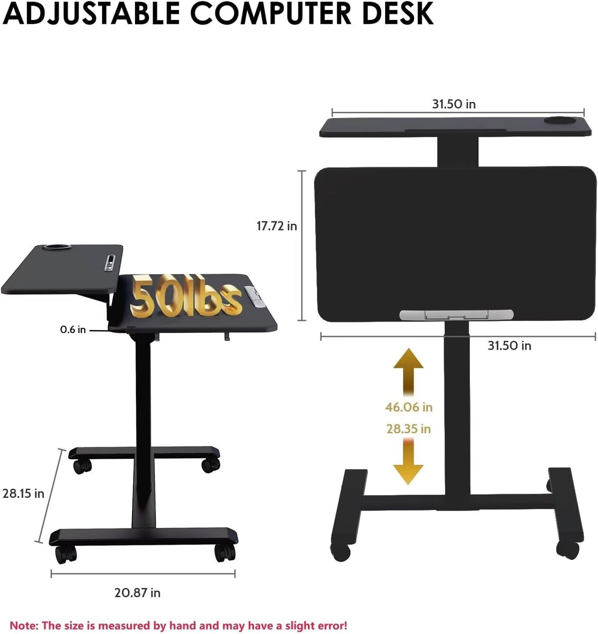 Pneumatic Standing Desk with Wheels - Adjustable Height 28" - 46" & 0-90° Tilt, 31.5" x 17.7" Skin-Feel Desktop, Rolling Computer Desk for Home Office, Hospital, School (Black)