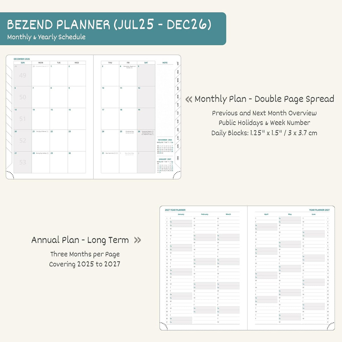 BEZEND Planner 2025-2026 Weekly and Monthly, 5.8" x 8.5" Academic Calendar (Jul 25-Dec 26) Vertical Daily Appointment with Hourly Timeslot & Monthly Tab, PU Leather Hardcover - Dark Green