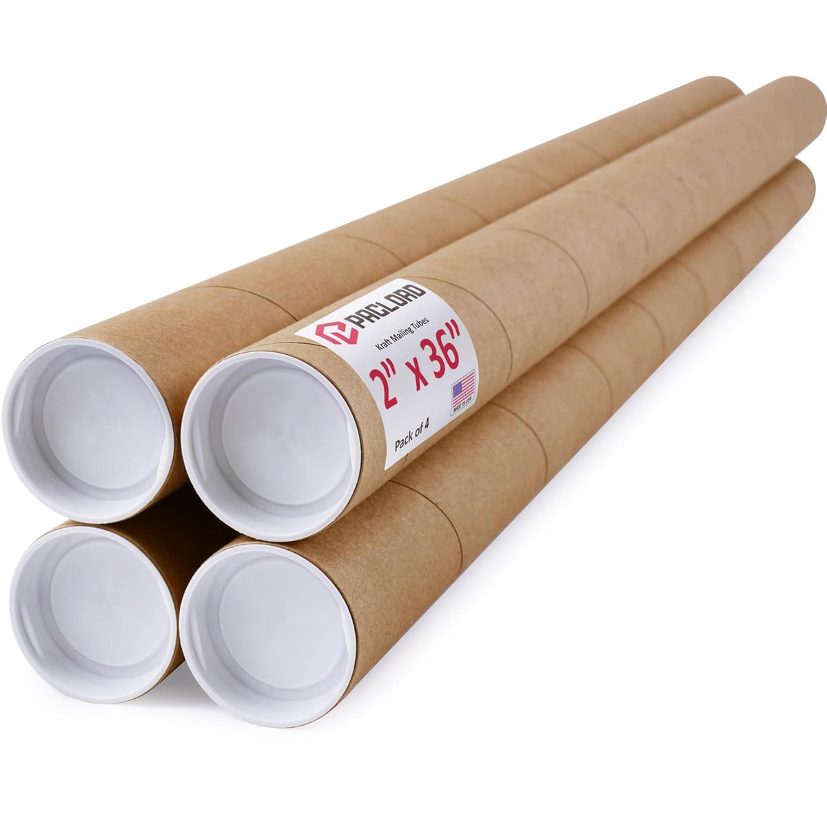 2" x 36" Reinforced Kraft Paper Mailing Tubes, Pack of 4 Tubes with 2 Caps Each – USPS Approved Poster Tube – Made in USA Cardboard Tube for Shipping and Storing Posters, Prints, Artwork, or Documents